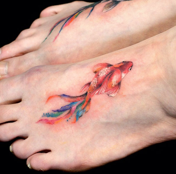 Watercolor Goldfish Tattoo on Foot by Asao