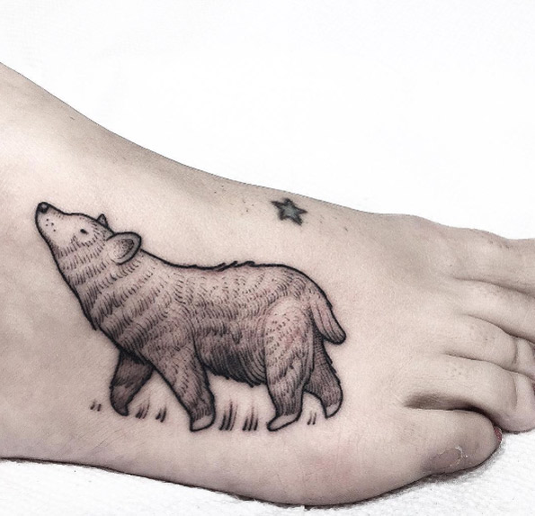 Blackwork Bear Tattoo on Foot by Lawrence Edwards