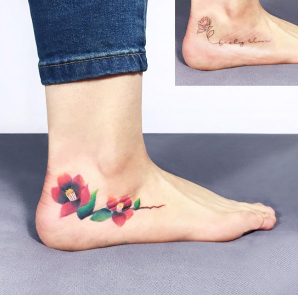 Floral Cover Up Tattoo on Foot by IDA