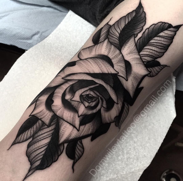 Blackwork Rose Tattoo on Forearm by Dom Wiley