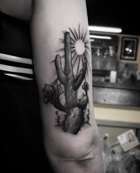 Black and Grey Ink Cactus Tattoo by Doy