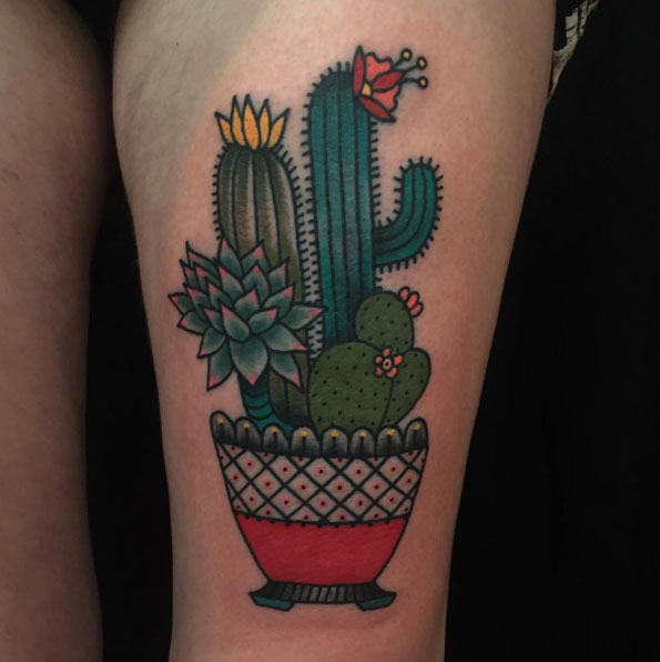 Cactus Tattoo on Thigh by Holly Jade Ashby