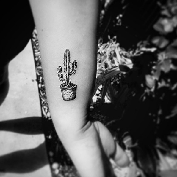 Tiny Cactus Tattoo on Wrist by Wolf & Wren