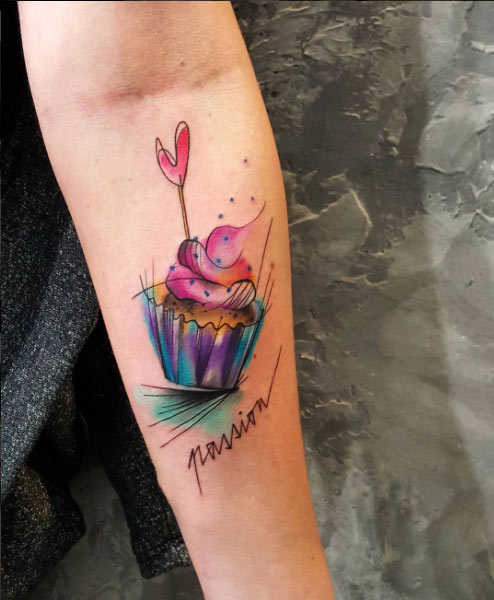 Cute Watercolor Cupcake Tattoo by Simona Blanar