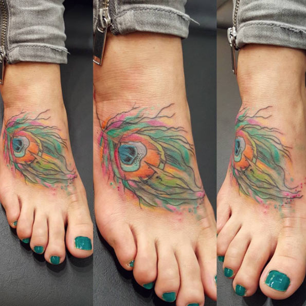 Cute Peacock Feather Tattoo on Foot by Simona Blanar