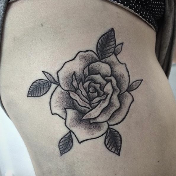 Dotwork Rose Tattoo on Thigh by Raine Knight