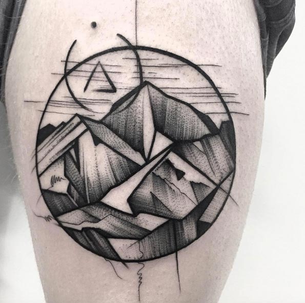 Sketched mountain range tattoo by Frank Carrilho