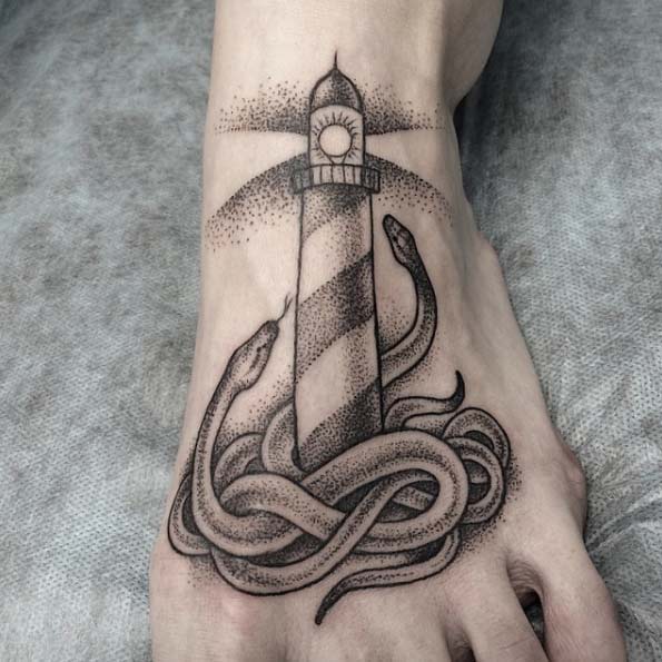 Dotwork Lighthouse Tattoo by Sasha Masiuk