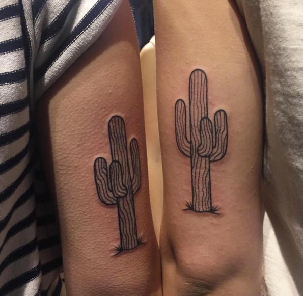 Matching Linework Cactus Tattoos by Emily Elinski