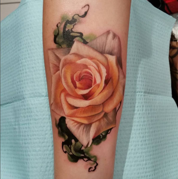 Luxurious Pink Rose Tattoo by Sarah Miller