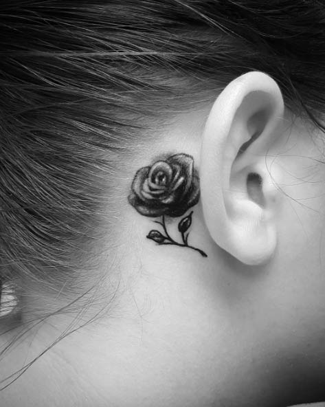Blackwork Rose Tattoo Behind Ear by Kevin Soto