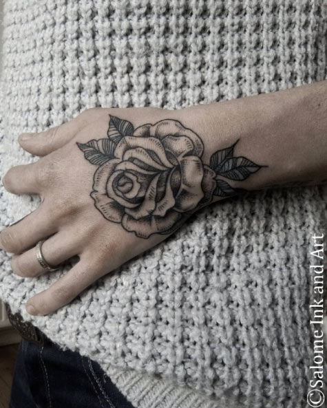 Blackwork Rose on Hand by Salome Trujillo