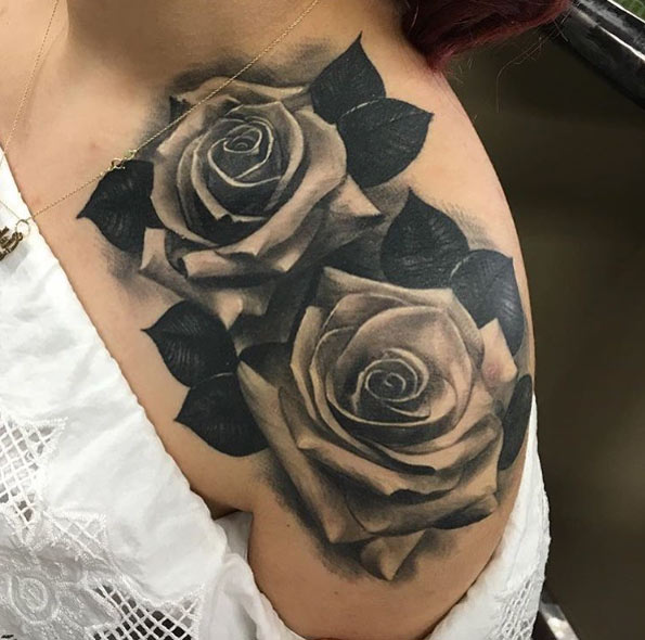 Blackwork Rose Tattoo on Shoulder by Fred Flores