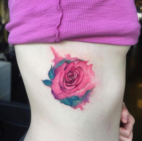 Pink Watercolor Rose Tattoo by June Jung
