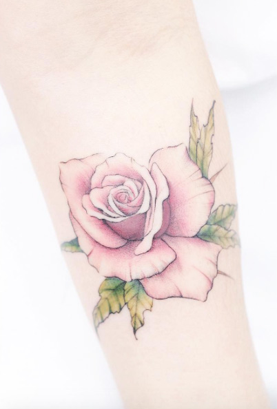 Soft Rose Tattoo on Forearm by Mini Lau