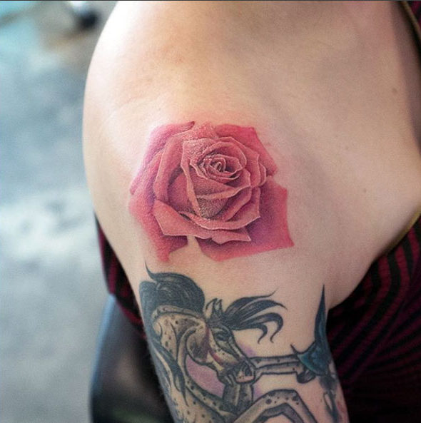 Splendid Rose Tattoo on Shoulder by Cheo Park