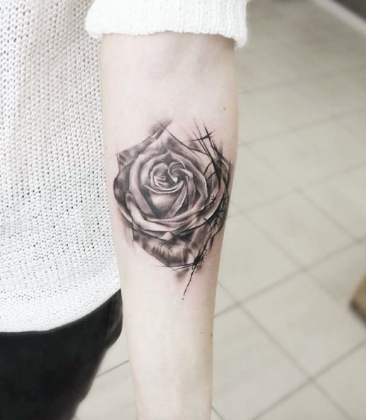 Sketch Style Rose Tattoo on Forearm by Witold Waleński