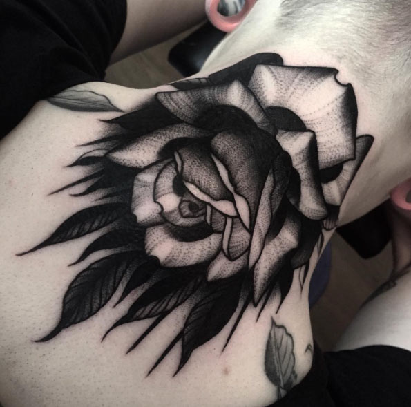Blackwork Rose Tattoo on Neck by Dom Wiley