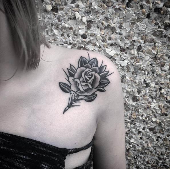 Blackwork Rose Tattoo on Shoulder by Saschi McCormack