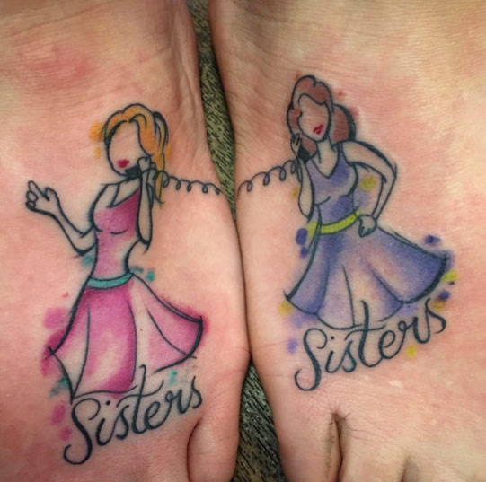 Watercolor Sister Tattoos on Feet by Chloe