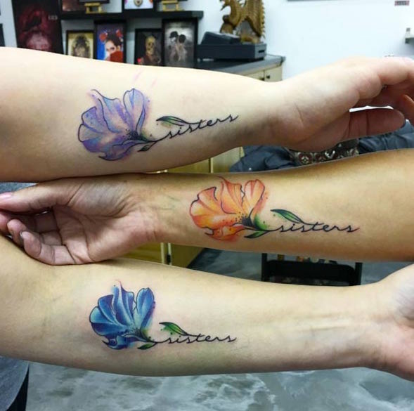Floral Watercolor Sister Tattoos by Jordan Ashley