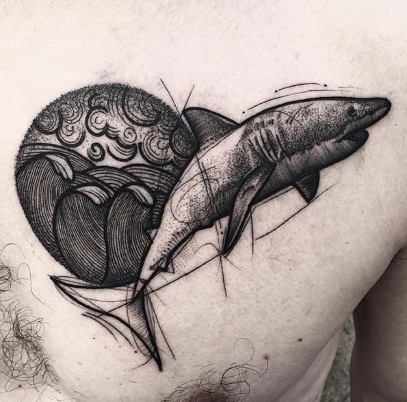 Sketch Style Shark Tattoo by Frederic Agid