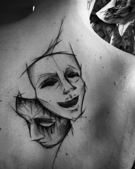 Theatre Mask Sketch Style Tattoo by Inez Janiak