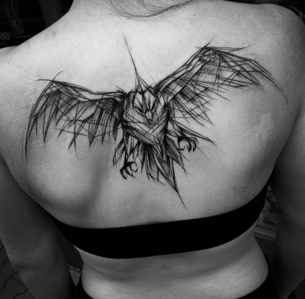 Sketch Style Tattoo on Back by Inez Janiak