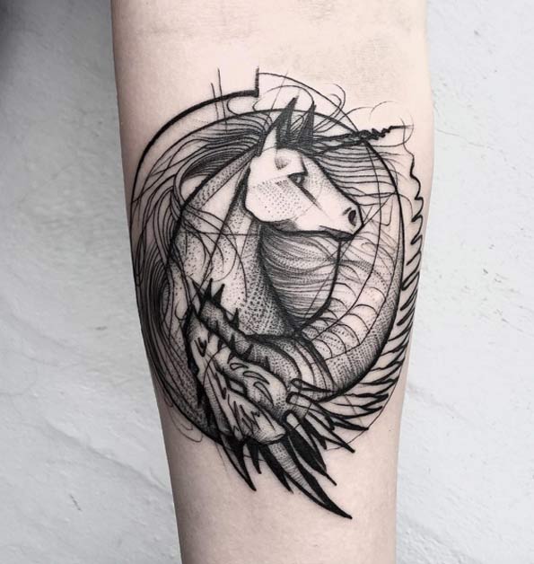 Unicorn Sketch Style Tattoo by Frank Carrilho