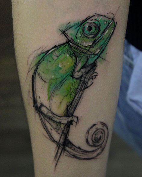 Chameleon Sketch Style Tattoo by Kamil Mokot