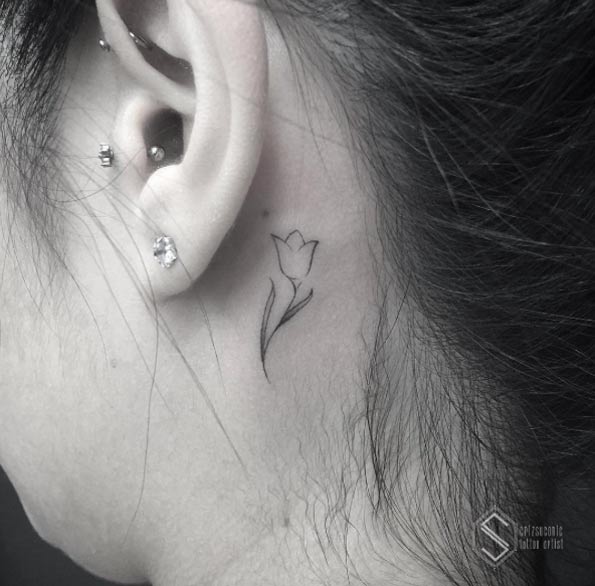 Small Behind-The-Ear Tulip Tattoo by Criz Suconic
