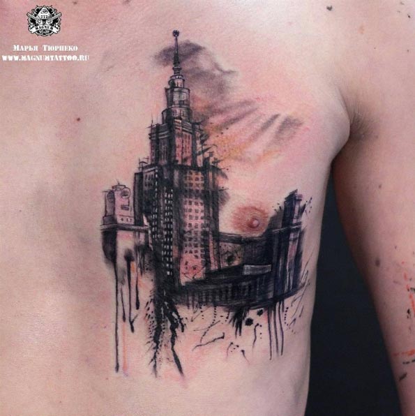 Watercolor Architecture Tattoo by Magnum Tattoo