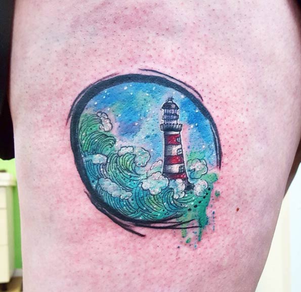 Watercolor Lighthouse Tattoo Design by Joanne Baker
