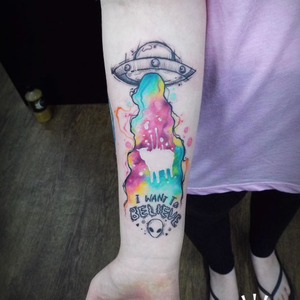 Watercolor UFO Tattoo by Cynthia Sobraty