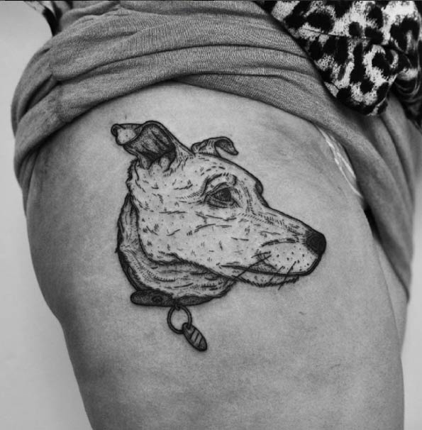 Dog Tattoo on Thigh by Wolf & Wren 