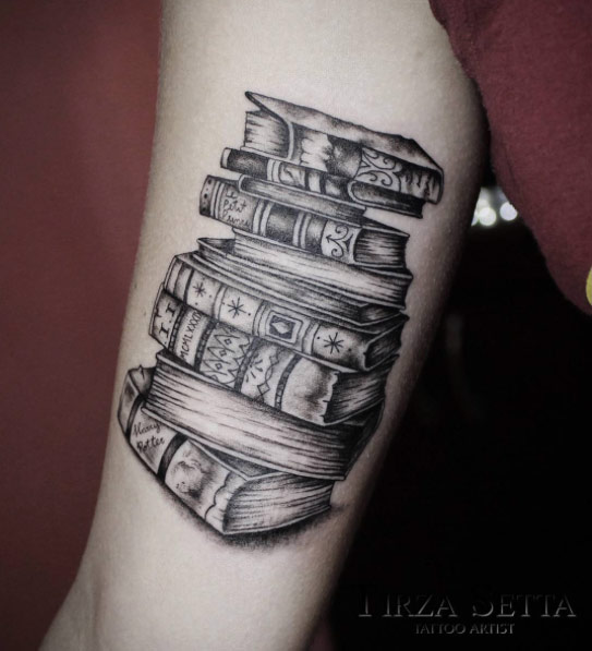 Stack of Books Tattoo by Tirza Tattoo