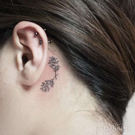 Laurel Leaves Behind The Ear Tattoo by River