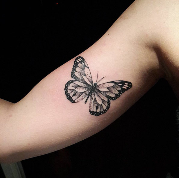 Black and Grey Ink Butterfly Tattoo by Diogo Rocha