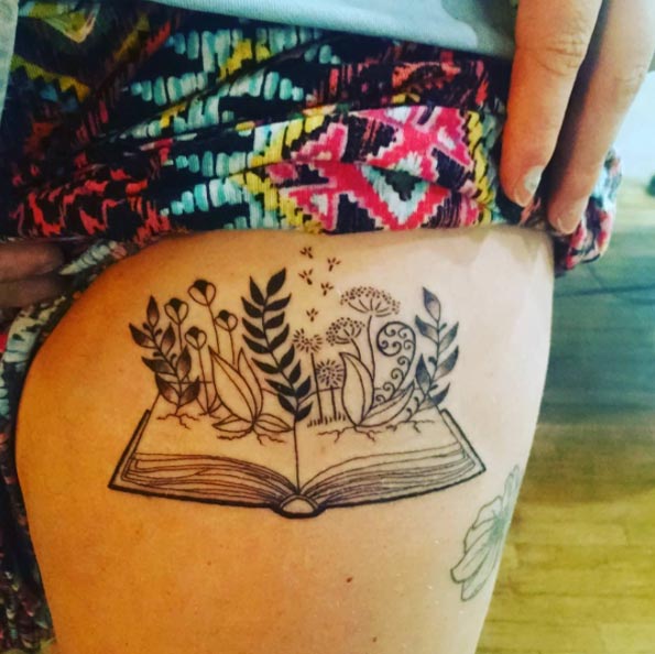 Book Tattoo Design on Thigh by Miss Sassafras