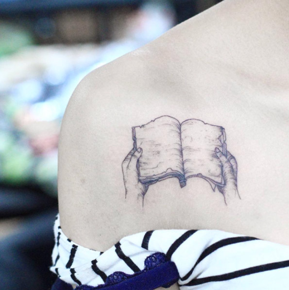 Vintage Book Tattoo on Shoulder by Justice Ink