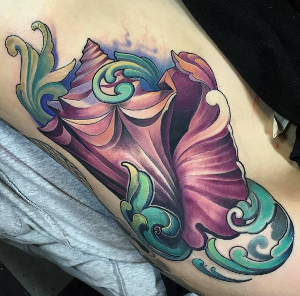 Spectacular Conch Shell Tattoo by Matt Stebly