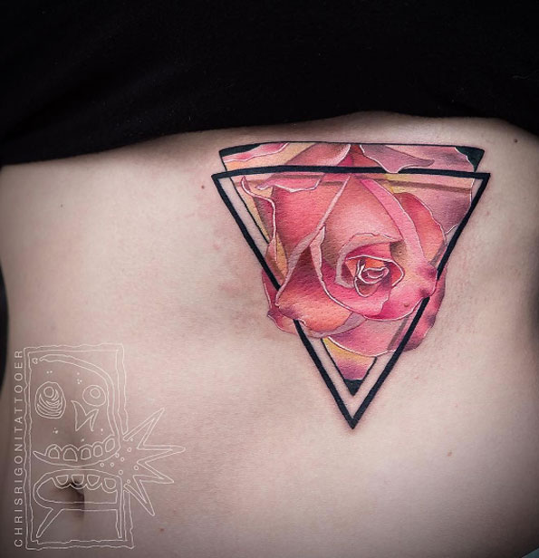 Creative triangular rose tattoo by Chris Rigoni