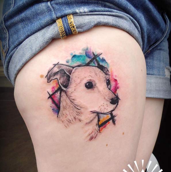 Watercolor Dog Tattoo on Thigh by Cynthia Sobraty