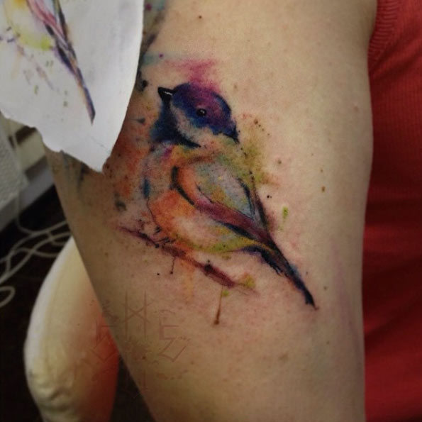 Dotwork Watercolor Bird Tattoo by Anton