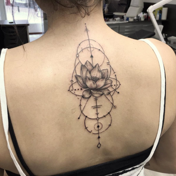 Geometric Lotus Flower Tattoo on Back by James Nidecker