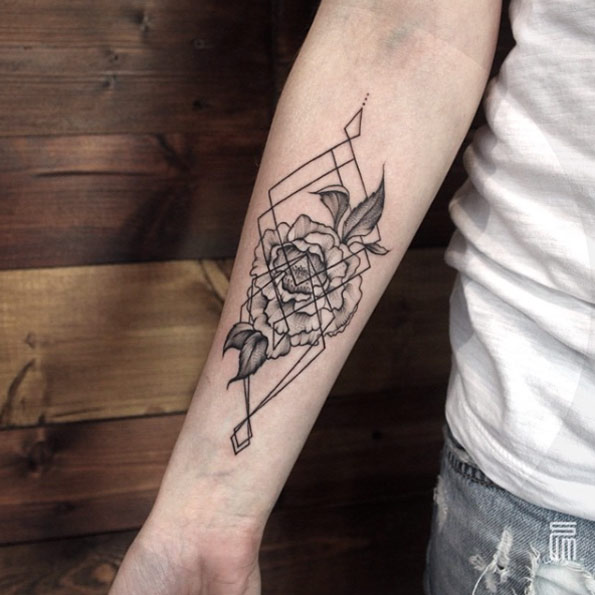 Geometric Peony Tattoo by Dasha Sumkina