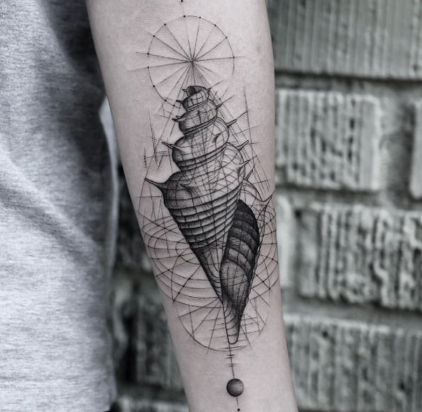 Geometric Seashell Tattoo by Balazs Bercsenyi 