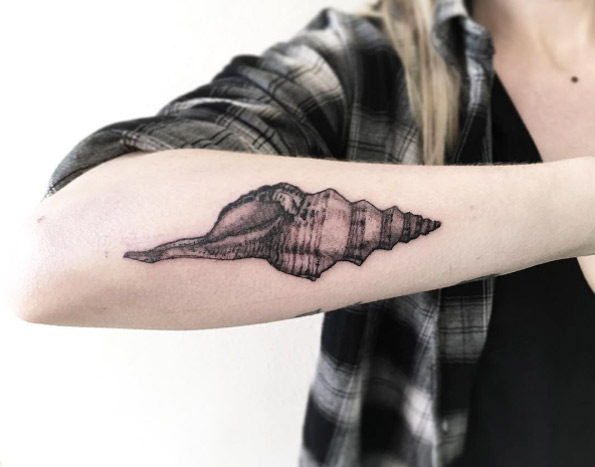 Shell Tattoo on Forearm by Samantha Mancino