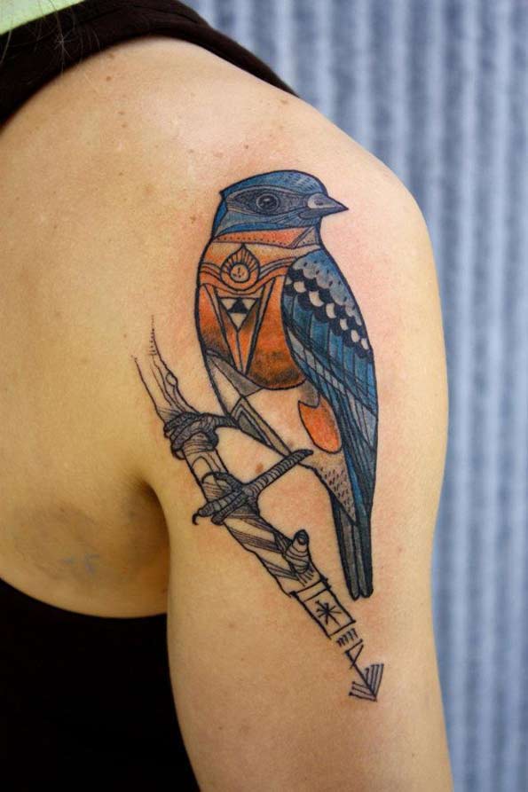 Songbird Tattoo on Back Shoulder by David Hale