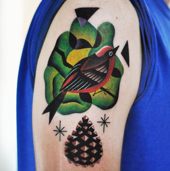 Surreal Songbird Tattoo Design by David Cote